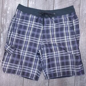 Nike Board Shorts Mens 36 Black Purple Plaid Swim Trunks Cargo Pocket